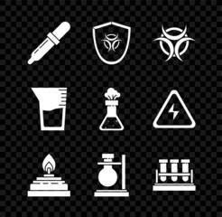 Set Pipette, Biohazard symbol on shield, Alcohol or spirit burner, Test tube flask stand, chemical, Laboratory glassware beaker and icon. Vector