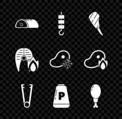 Set Meat, Grilled shish kebab on skewer stick, Rib eye steak, tongs, Pepper, Chicken leg, fish and fire flame and Fresh frozen meat icon. Vector