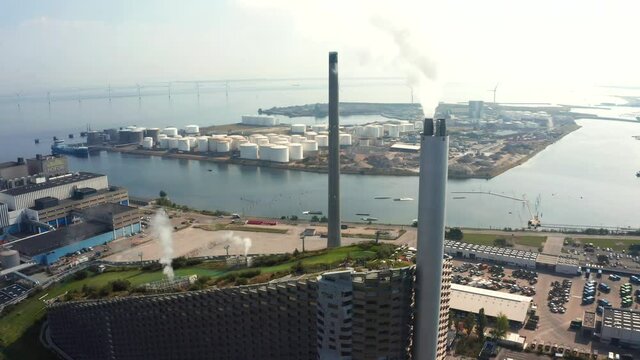 Aerial view of the Amager Bakke, Copenhill Waste-to-Energy Power Plant in Copenhagen with the ski area on the roof. 