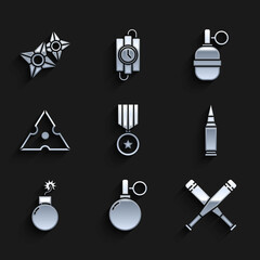 Set Military reward medal, Hand grenade, Crossed baseball bat, Bullet, Bomb ready to explode, Japanese ninja shuriken, and icon. Vector