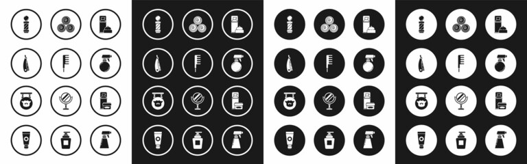 Set Shaving gel foam, Hairbrush, Straight razor, Classic Barber shop pole, Hairdresser pistol spray bottle, Towel rolls, and Barbershop icon. Vector