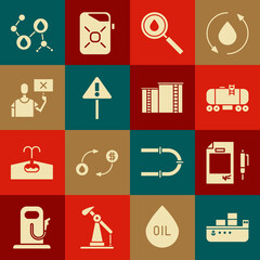 Set Oil tanker ship, Contract money and pen, railway cistern, drop, Exclamation mark in triangle, Nature saving protest, Molecule oil and industrial factory building icon. Vector