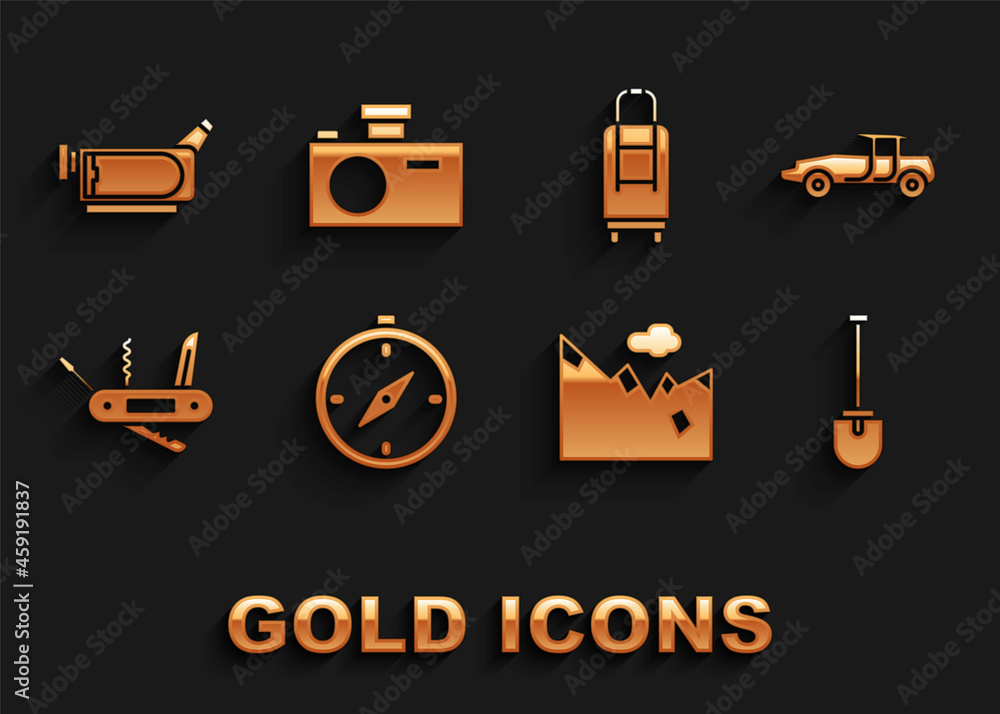 Canvas Prints Set Compass, Car, Shovel, Mountains, Swiss army knife, Suitcase, Cinema camera and Photo icon. Vector