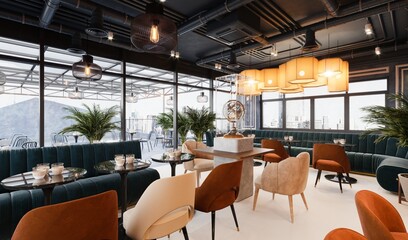 Fototapeta 3d render of restaurant interior, cafe bar obraz