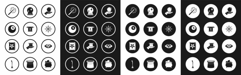 Set Magic ball on hand, scroll, of predictions, wand, Spider web, Pentagram and Ancient magic book icon. Vector