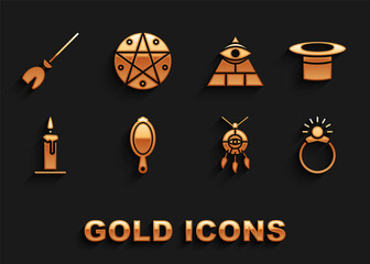 Set Magic hand mirror, Magician hat, stone ring with gem, Dream catcher feathers, Burning candle candlestick, Masons, Witches broom and Pentagram circle icon. Vector