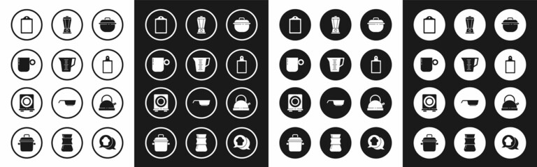 Set Cooking pot, Measuring cup, Coffee, Cutting board, Blender, Kettle with handle and Electric stove icon. Vector