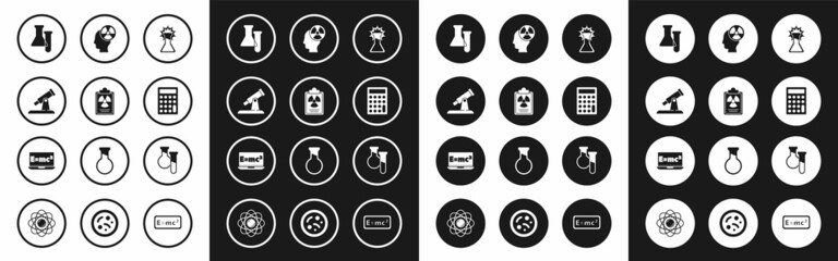 Set Test tube and flask, Radiation warning document, Telescope, Calculator, Head radiation symbol, and Equation solution icon. Vector