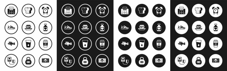 Set Alarm clock, Junk food, Sport sneakers, Gym building, Vitamin pill, Bread toast, Coffee cup go and Fish icon. Vector