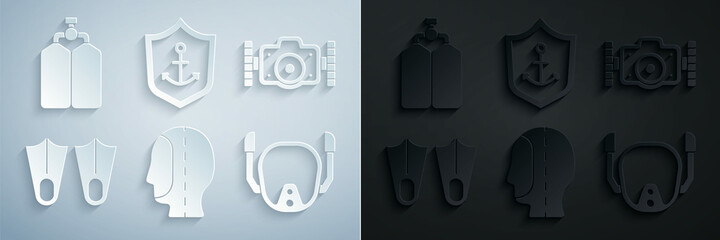Set Diving hood, Photo camera, Rubber flippers, mask, Anchor inside shield and Aqualung icon. Vector