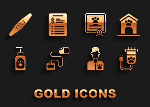 Set Retractable cord leash, Dog house and paw print, Hair clipper pet, Veterinarian doctor, Pet shampoo, Certificate for dog cat, Nail file and Grooming salon price list icon. Vector