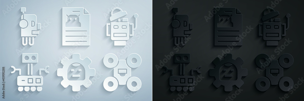 Poster set robot, drone, technical specification and icon. vector