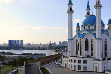 Fototapeta na wymiar Kul Sharif Mosque in the Kazan Kremlin and embankment of the Kazanka river. Kazan, Republic of Tatarstan, Russia.