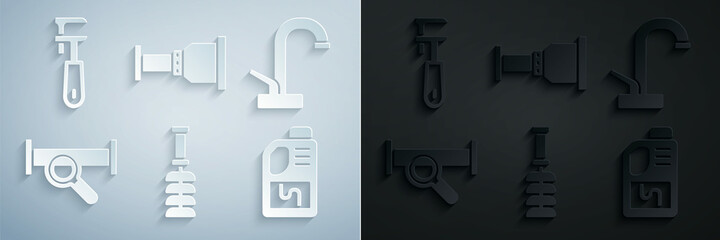 Set Toilet brush, Water tap, Industry metallic pipe, Drain cleaner bottle, Pipe adapter and adjustable wrench icon. Vector