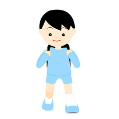 正面に向かって歩く長袖姿の男の子