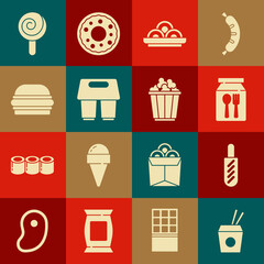 Set Asian noodles and chopsticks, Hotdog sandwich, Online ordering delivery, bowl, Coffee cup to go, Burger, Lollipop and Popcorn box icon. Vector