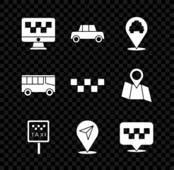 Set Computer call taxi service, Car, Location with, Road sign for stand, Bus and Taxi car roof icon. Vector