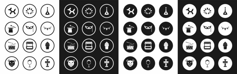 Fototapeta premium Set Balalaika, Festive mask, Magic hat and wand, Balloon dog, Carnival garland with flags, Hand holding playing cards, Ice cream and Drum drum sticks icon. Vector