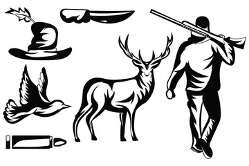 Hunting black isolated vintage style set. vector illustration. Premium Vector
