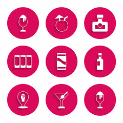 Set Beer can, Martini glass, Glass of beer, Wine bottle, Alcohol or bar location, Shot, drink Rum and icon. Vector