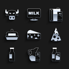 Set Cheese, Milk jug or pitcher and glass, Bottle milk, with, Butter in butter dish, Paper package for and Cow head icon. Vector