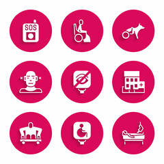 Set Blindness, Disabled wheelchair, Patient with broken leg, Medical hospital building, Man without legs sitting, Deaf, Dog and Press the SOS button icon. Vector