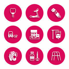 Set Medical hospital building, Syringe, Walker, IV bag, Hearing aid, Disabled car, Prosthesis hand and Dental implant icon. Vector
