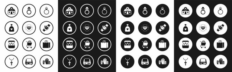 Fototapeta premium Set Diamond engagement ring, Bag with gems, Jewelry store, Wrist watch, Shopping bag jewelry and box icon. Vector