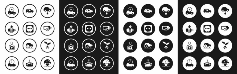Set Electric car, Electrical outlet, motor, Low battery, saving plug in leaf and Car mechanic icon. Vector