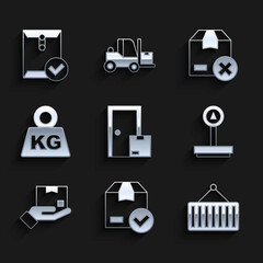 Set Home delivery services, ackage box with check mark, Container on crane, Scale, Delivery hand, Weight, Carton cardboard and Envelope icon. Vector
