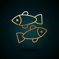 Gold line Dead fish icon isolated on dark blue background. Vector