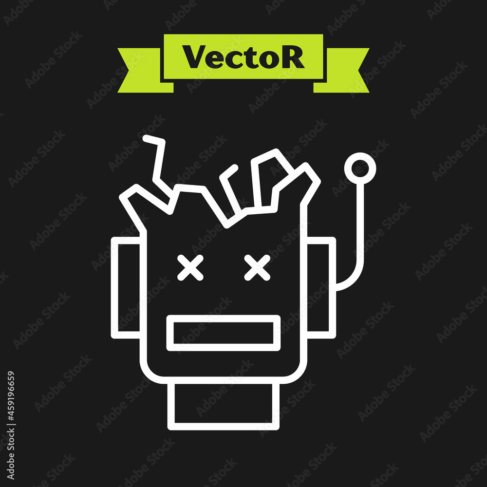 Poster white line broken robot icon isolated on black background. artificial intelligence, machine learning