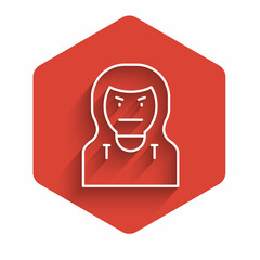 White line Thief mask icon isolated with long shadow. Bandit mask, criminal man. Red hexagon button. Vector