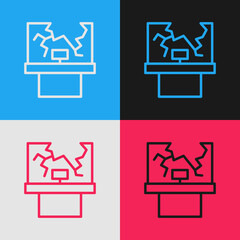 Pop art line Broken window icon isolated on color background. Damaged window. Beaten windowpane concept. Vandalism. Vector