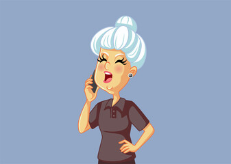 Grumpy Grandmother Talking on the Phone Vector Cartoon