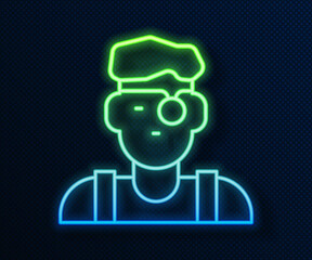 Glowing neon line Jeweler man icon isolated on blue background. Vector