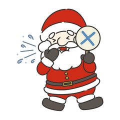 ばつ印の札を持ち、くしゃみをしているサンタクロースのイラスト