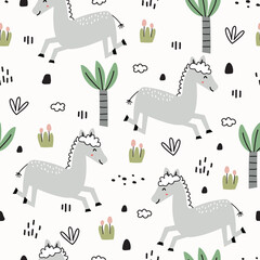 Cute seamless pattern for kids animal cartoon background with horses and trees Children's style hand-drawn design. Use for printing, wallpaper, gift wrapping, textiles, vector illustrations.