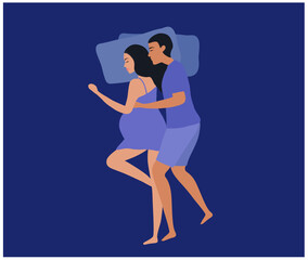 Pregnant woman sleeping on bed with her husband vector illustration. Pregnancy, motherhood and love relationship concept