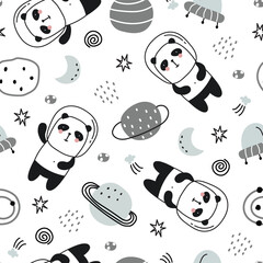 Cartoon animal background for kids Seamless pattern with pandas floating in space and stars. Hand drawn design in children's style, used for fabrics, textiles, wallpaper printing, decoration.