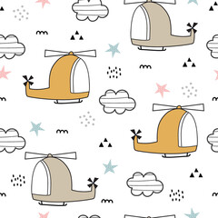Seamless pattern The background of the helicopter floating in the sky and with clouds Cute pattern for children Use in publication, wrapping paper, wallpaper, textile, fabric Vector illustration