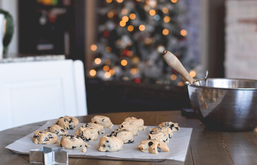 Baking chocolate chip cookies during Christmas rime