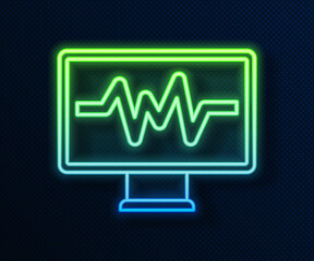 Glowing neon line Computer monitor with cardiogram icon isolated on blue background. Monitoring icon. ECG monitor with heart beat hand drawn. Vector