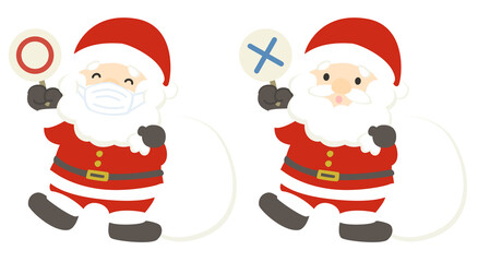 マスクをしたサンタクロースとノーマスクのサンタクロースのイラスト