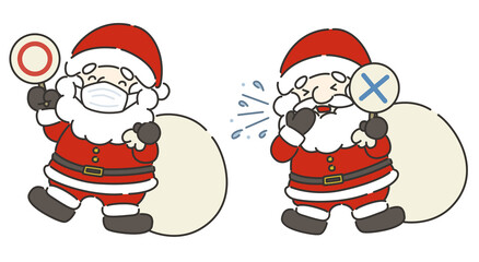 マスクをしたサンタクロースとくしゃみをしたサンタクロースのイラスト