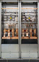 copper busbars in electrical power distribution cabinet