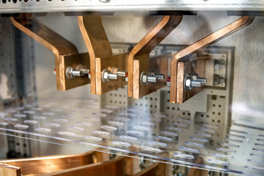 copper busbars in electrical power distribution cabinet
