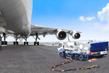 Tanker truck for refueling commercial aircraft at airport