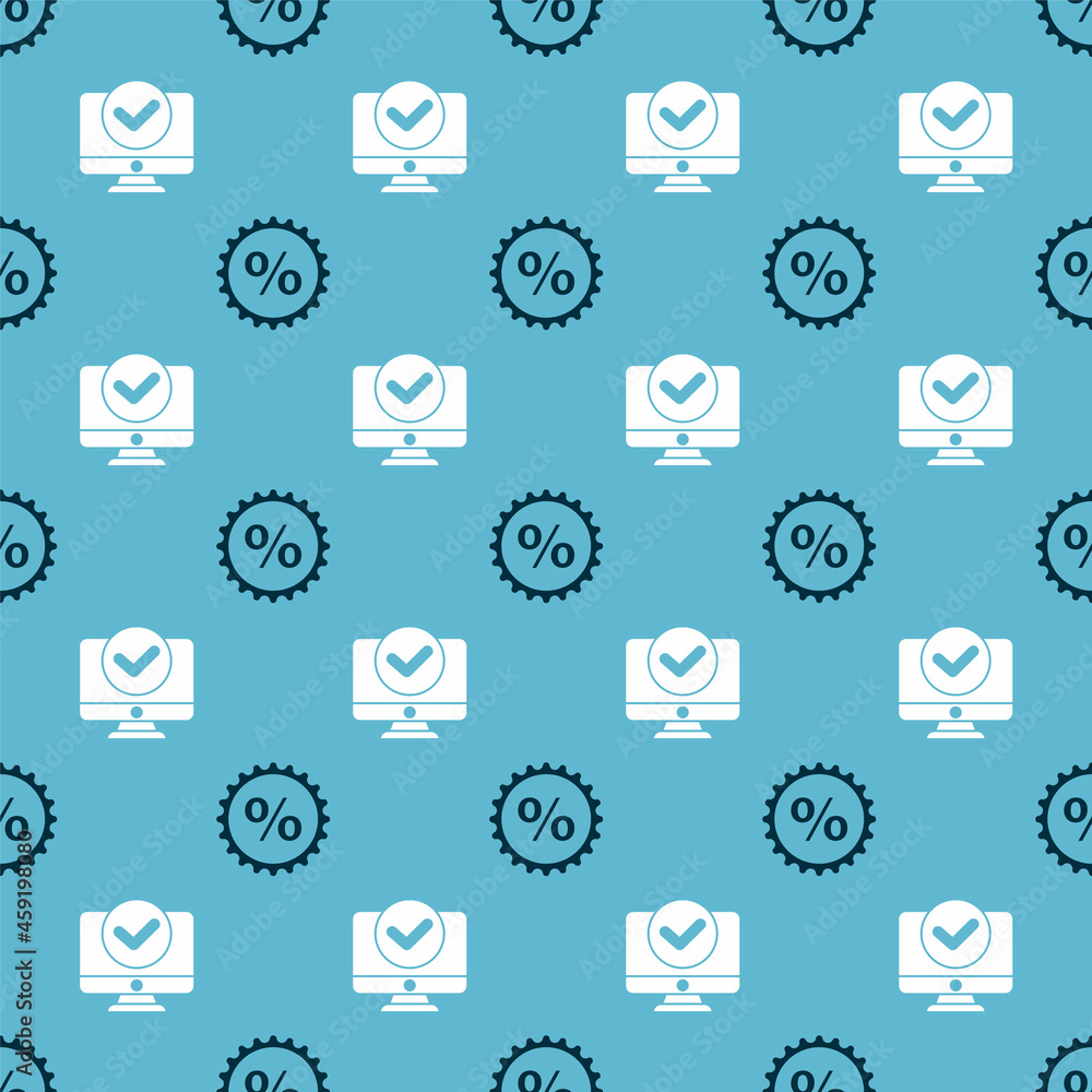 Poster set discount percent tag and computer monitor on seamless pattern. vector
