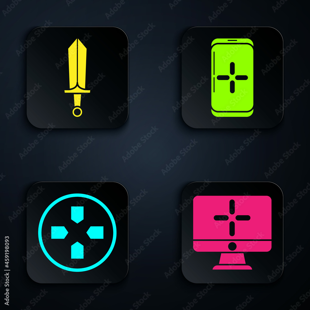 Aufkleber set computer monitor, sword for game, gamepad and smartphone and playing in game. black square butto